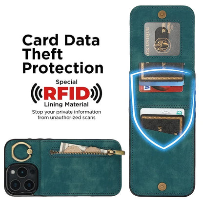 For iPhone 16 Pro Case RFID Blocking Ring Kickstand Retro Leather+TPU Anti-Fall Phone Cover