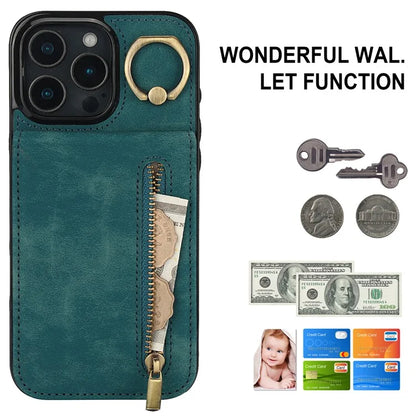 For iPhone 16 Pro Case RFID Blocking Ring Kickstand Retro Leather+TPU Anti-Fall Phone Cover