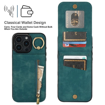 For iPhone 16 Pro Case RFID Blocking Ring Kickstand Retro Leather+TPU Anti-Fall Phone Cover