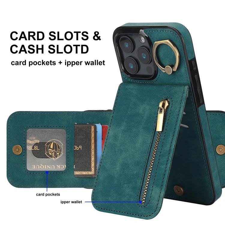 For iPhone 16 Pro Case RFID Blocking Ring Kickstand Retro Leather+TPU Anti-Fall Phone Cover