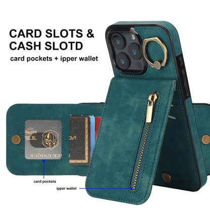 For iPhone 16 Pro Case RFID Blocking Ring Kickstand Retro Leather+TPU Anti-Fall Phone Cover