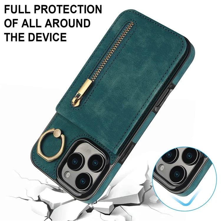For iPhone 16 Pro Case RFID Blocking Ring Kickstand Retro Leather+TPU Anti-Fall Phone Cover