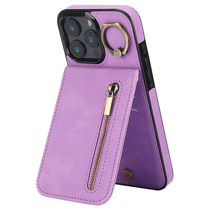 For iPhone 16 Pro Case RFID Blocking Ring Kickstand Retro Leather+TPU Anti-Fall Phone Cover