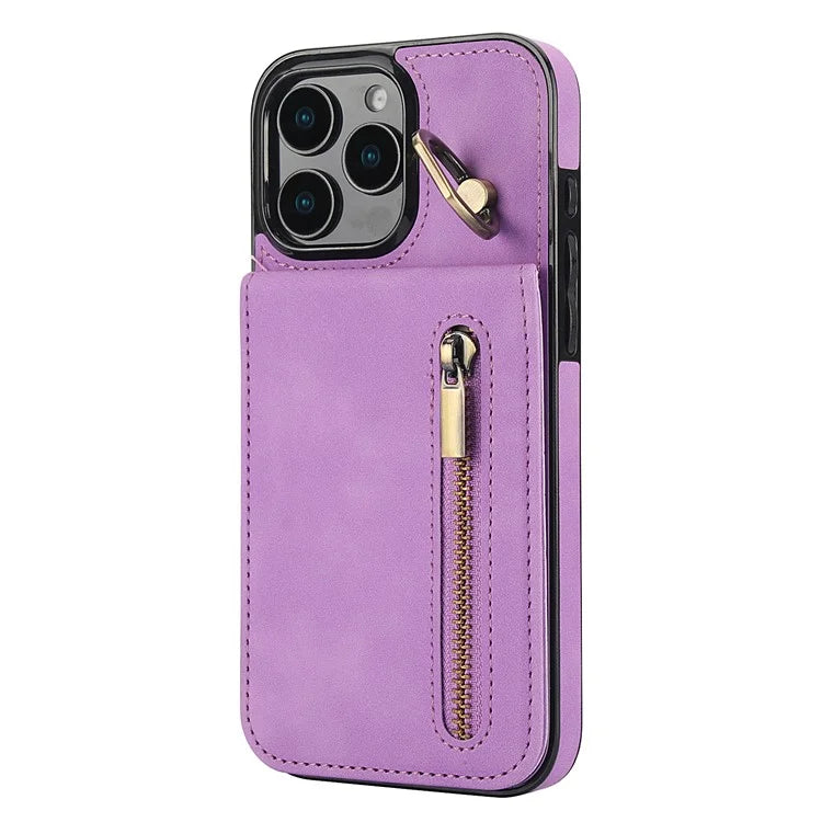 For iPhone 16 Pro Case RFID Blocking Ring Kickstand Retro Leather+TPU Anti-Fall Phone Cover