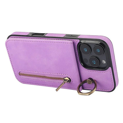 For iPhone 16 Pro Case RFID Blocking Ring Kickstand Retro Leather+TPU Anti-Fall Phone Cover