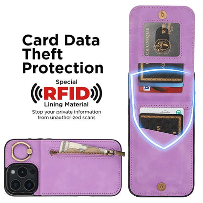 For iPhone 16 Pro Case RFID Blocking Ring Kickstand Retro Leather+TPU Anti-Fall Phone Cover