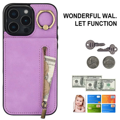 For iPhone 16 Pro Case RFID Blocking Ring Kickstand Retro Leather+TPU Anti-Fall Phone Cover
