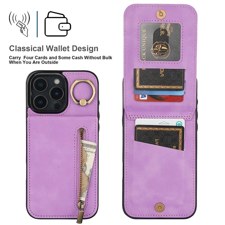 For iPhone 16 Pro Case RFID Blocking Ring Kickstand Retro Leather+TPU Anti-Fall Phone Cover