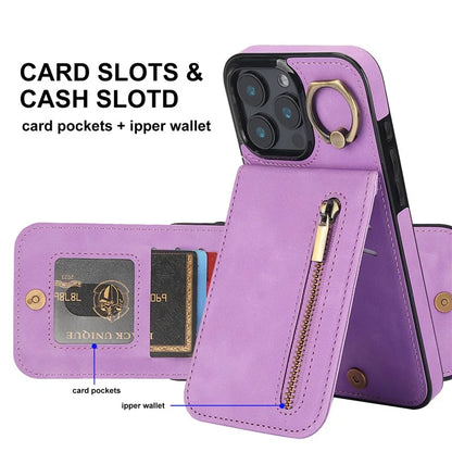 For iPhone 16 Pro Case RFID Blocking Ring Kickstand Retro Leather+TPU Anti-Fall Phone Cover
