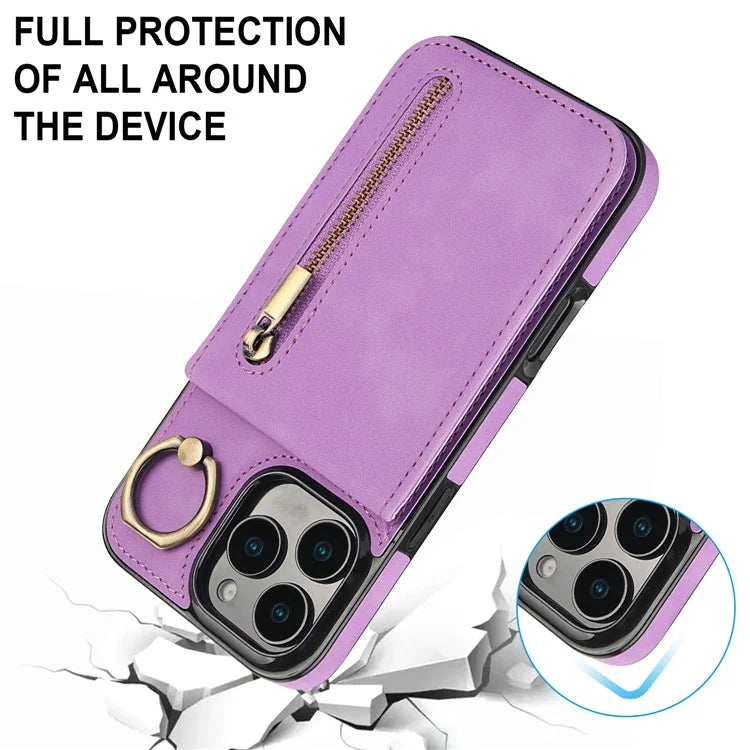 For iPhone 16 Pro Case RFID Blocking Ring Kickstand Retro Leather+TPU Anti-Fall Phone Cover