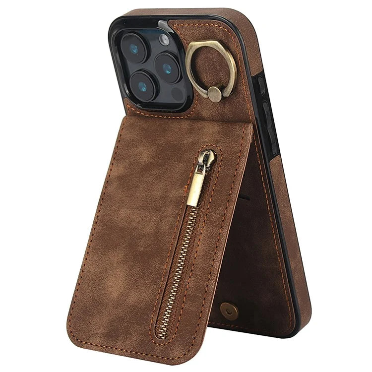 For iPhone 16 Pro Case RFID Blocking Ring Kickstand Retro Leather+TPU Anti-Fall Phone Cover