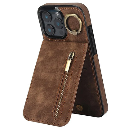 For iPhone 16 Pro Case RFID Blocking Ring Kickstand Retro Leather+TPU Anti-Fall Phone Cover