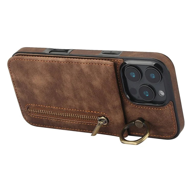 For iPhone 16 Pro Case RFID Blocking Ring Kickstand Retro Leather+TPU Anti-Fall Phone Cover