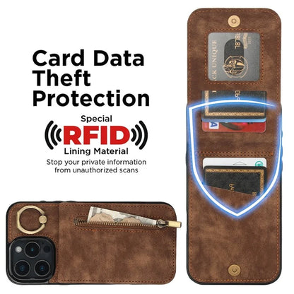 For iPhone 16 Pro Case RFID Blocking Ring Kickstand Retro Leather+TPU Anti-Fall Phone Cover