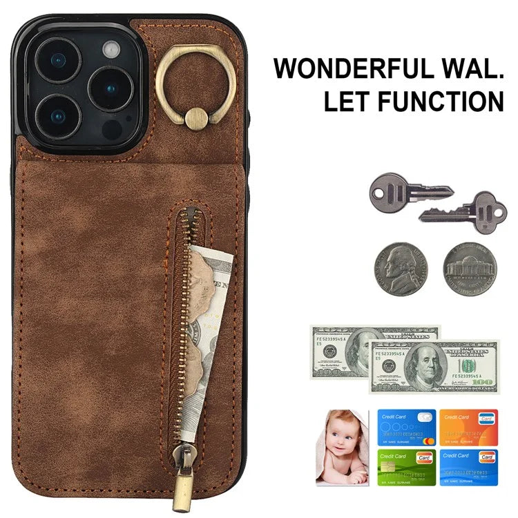 For iPhone 16 Pro Case RFID Blocking Ring Kickstand Retro Leather+TPU Anti-Fall Phone Cover