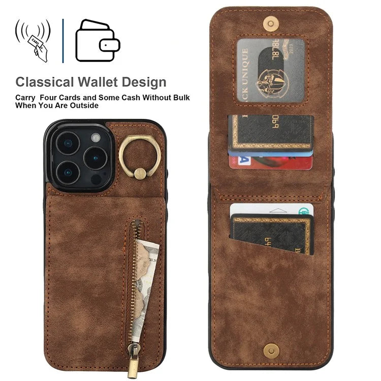 For iPhone 16 Pro Case RFID Blocking Ring Kickstand Retro Leather+TPU Anti-Fall Phone Cover