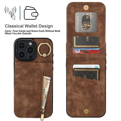 For iPhone 16 Pro Case RFID Blocking Ring Kickstand Retro Leather+TPU Anti-Fall Phone Cover