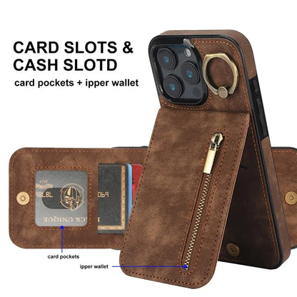 For iPhone 16 Pro Case RFID Blocking Ring Kickstand Retro Leather+TPU Anti-Fall Phone Cover