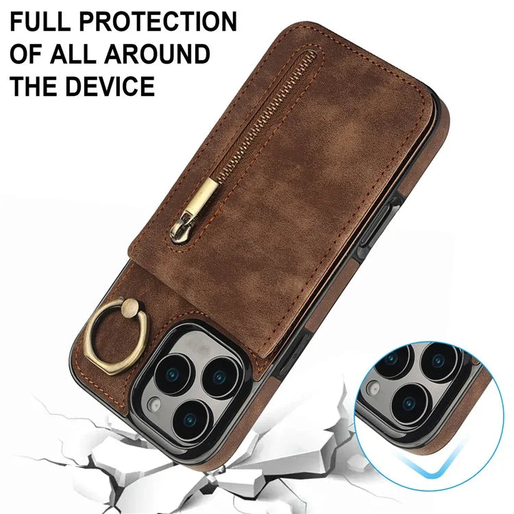 For iPhone 16 Pro Case RFID Blocking Ring Kickstand Retro Leather+TPU Anti-Fall Phone Cover