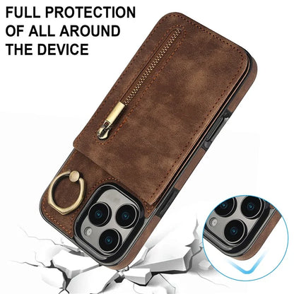 For iPhone 16 Pro Case RFID Blocking Ring Kickstand Retro Leather+TPU Anti-Fall Phone Cover