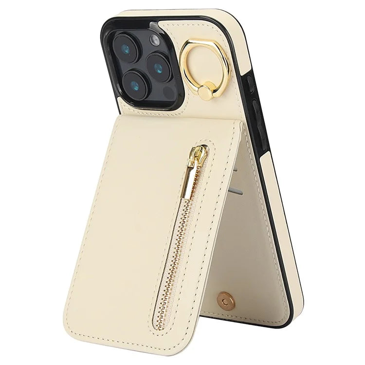 For iPhone 16 Pro Case RFID Blocking Ring Kickstand Retro Leather+TPU Anti-Fall Phone Cover