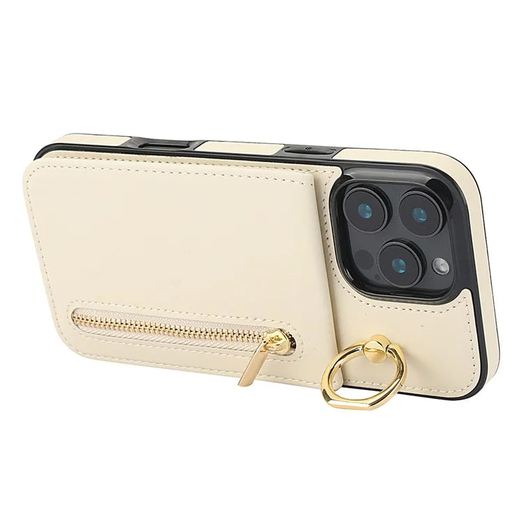 For iPhone 16 Pro Case RFID Blocking Ring Kickstand Retro Leather+TPU Anti-Fall Phone Cover