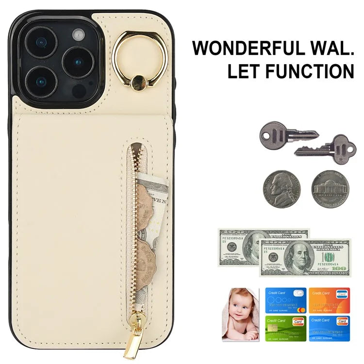 For iPhone 16 Pro Case RFID Blocking Ring Kickstand Retro Leather+TPU Anti-Fall Phone Cover