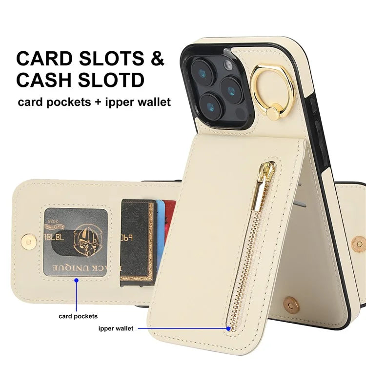 For iPhone 16 Pro Case RFID Blocking Ring Kickstand Retro Leather+TPU Anti-Fall Phone Cover