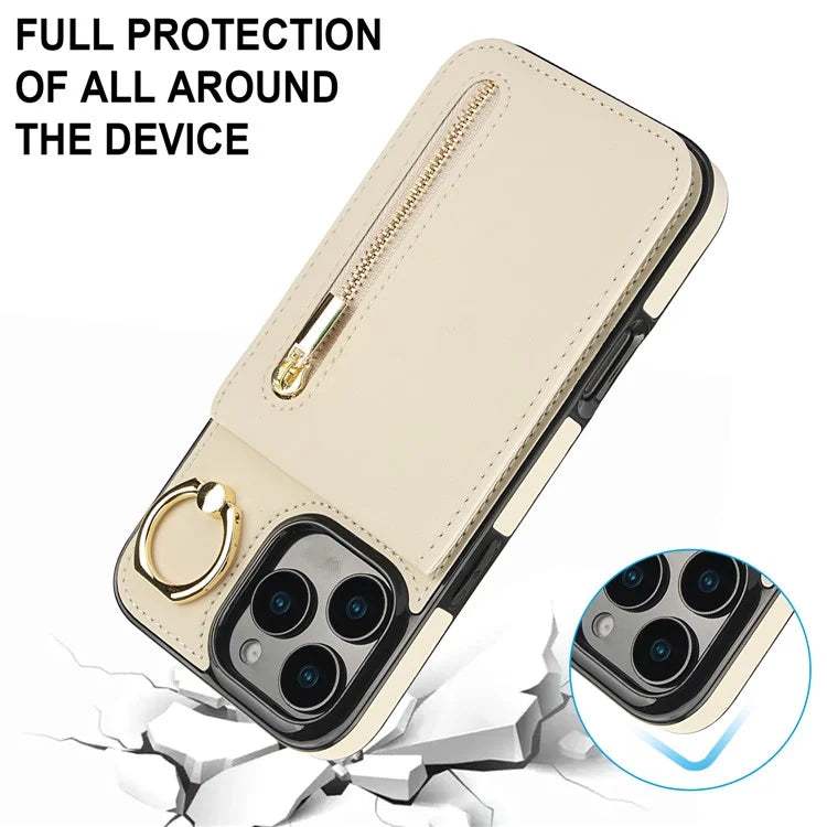 For iPhone 16 Pro Case RFID Blocking Ring Kickstand Retro Leather+TPU Anti-Fall Phone Cover