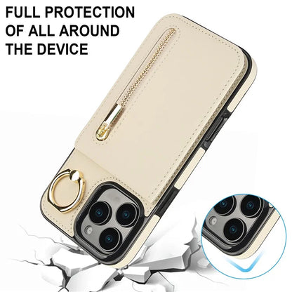 For iPhone 16 Pro Case RFID Blocking Ring Kickstand Retro Leather+TPU Anti-Fall Phone Cover