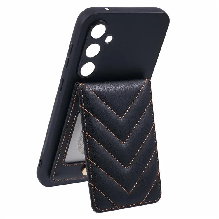 For Samsung Galaxy S24+ Phone Case Rhombus Adhesive Card Bag with Kickstand RFID Blocking - Black