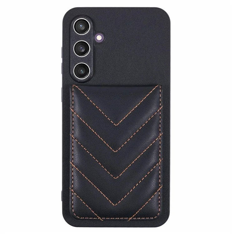 For Samsung Galaxy S24 FE Phone Case Rhombus Adhesive Card Bag with Kickstand RFID Blocking - Black