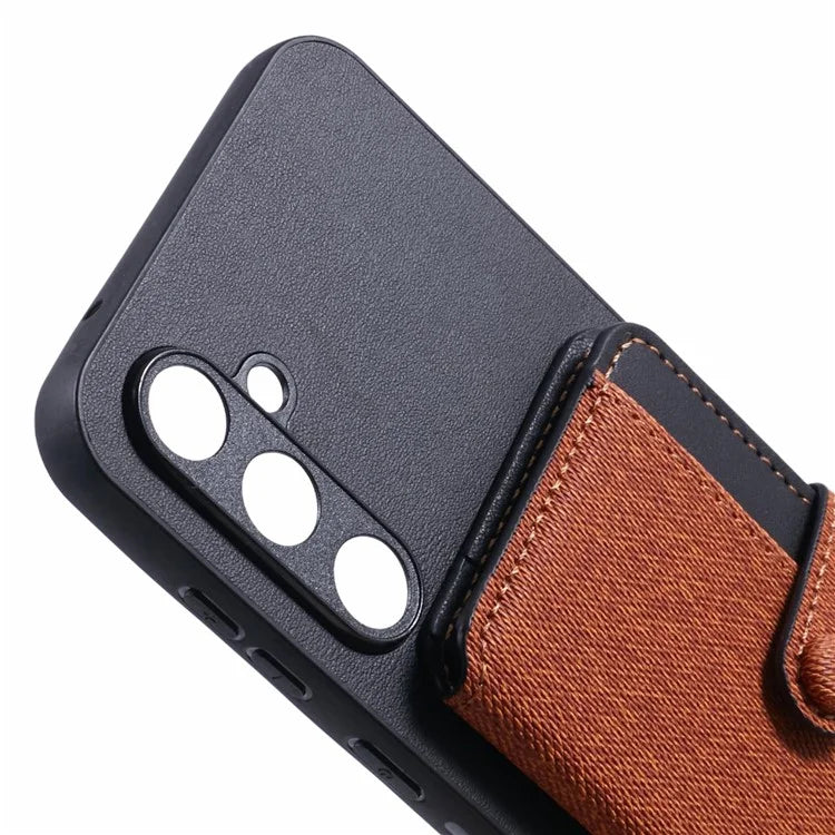 For Samsung Galaxy S23 FE Phone Case Adhesive Card Bag Color Matching with Kickstand- Brown