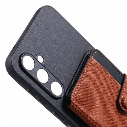 For Samsung Galaxy S23 FE Phone Case Adhesive Card Bag Color Matching with Kickstand- Brown