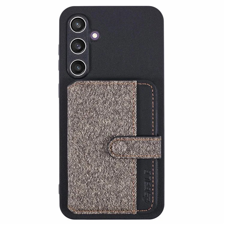 For Samsung Galaxy S23 FE Phone Case Adhesive Card Bag Color Matching with Kickstand- Brown