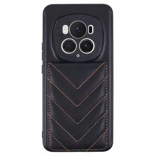 For Honor Magic6 Pro 5G Phone Case Rhombus Adhesive Card Bag with Kickstand RFID Blocking - Black