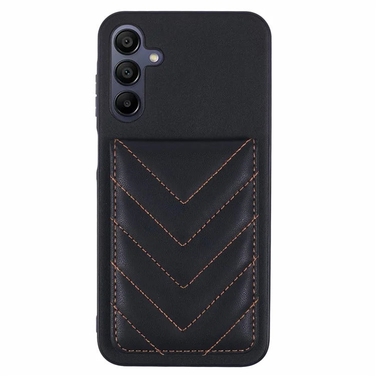 For Samsung Galaxy A15 4G  /  5G Phone Case Rhombus Adhesive Card Bag with Kickstand RFID Blocking - Black
