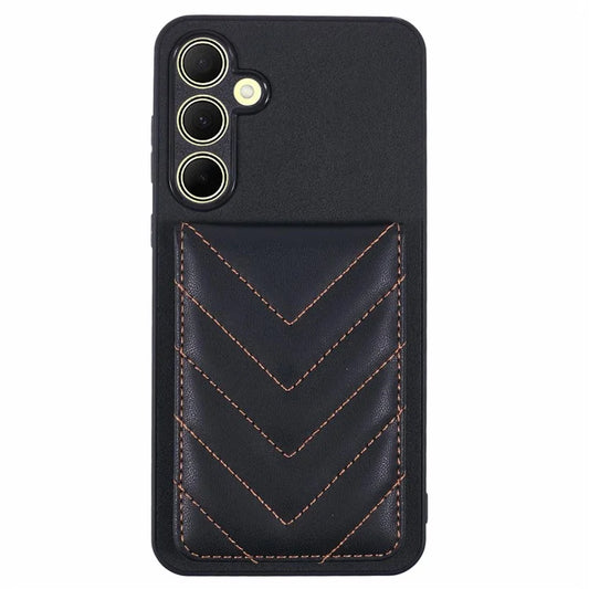 For Samsung Galaxy A55 5G Phone Case Rhombus Adhesive Card Bag with Kickstand RFID Blocking - Black