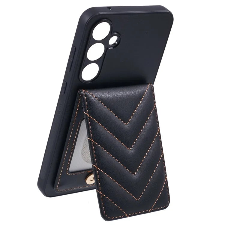 For Samsung Galaxy A55 5G Phone Case Rhombus Adhesive Card Bag with Kickstand RFID Blocking - Black