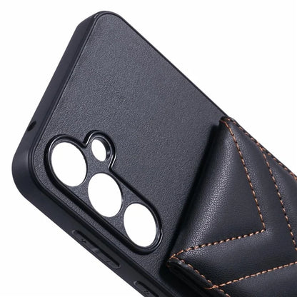 For Samsung Galaxy A55 5G Phone Case Rhombus Adhesive Card Bag with Kickstand RFID Blocking - Black