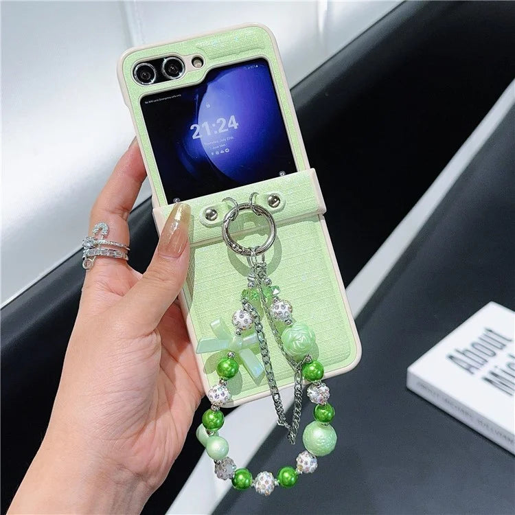For Samsung Galaxy Z Flip6 5G Case Hinge Protection Leather+PC Phone Cover with Beaded Strap