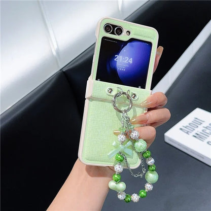 For Samsung Galaxy Z Flip6 5G Case Hinge Protection Leather+PC Phone Cover with Beaded Strap