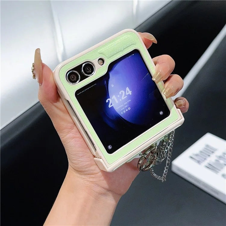 For Samsung Galaxy Z Flip6 5G Case Hinge Protection Leather+PC Phone Cover with Beaded Strap