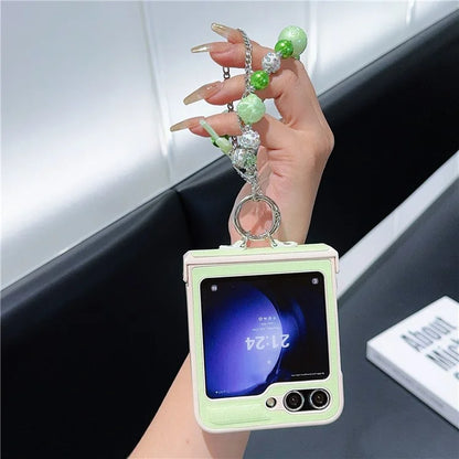 For Samsung Galaxy Z Flip6 5G Case Hinge Protection Leather+PC Phone Cover with Beaded Strap