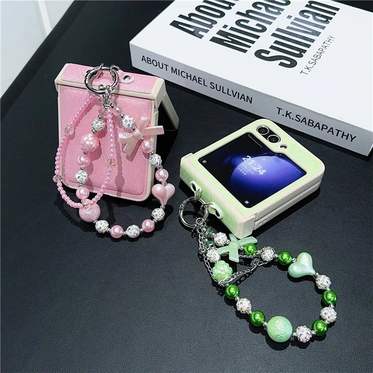 For Samsung Galaxy Z Flip6 5G Case Hinge Protection Leather+PC Phone Cover with Beaded Strap
