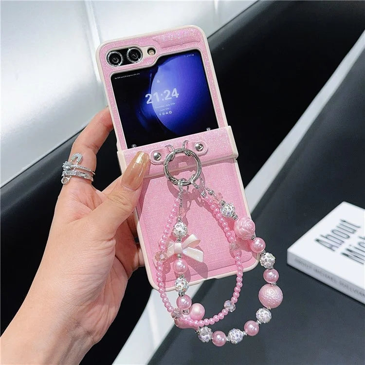 For Samsung Galaxy Z Flip6 5G Case Hinge Protection Leather+PC Phone Cover with Beaded Strap