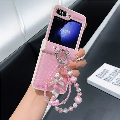 For Samsung Galaxy Z Flip6 5G Case Hinge Protection Leather+PC Phone Cover with Beaded Strap