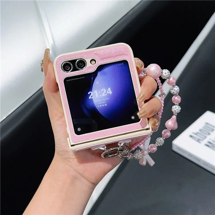 For Samsung Galaxy Z Flip6 5G Case Hinge Protection Leather+PC Phone Cover with Beaded Strap