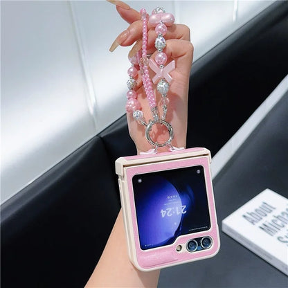 For Samsung Galaxy Z Flip6 5G Case Hinge Protection Leather+PC Phone Cover with Beaded Strap