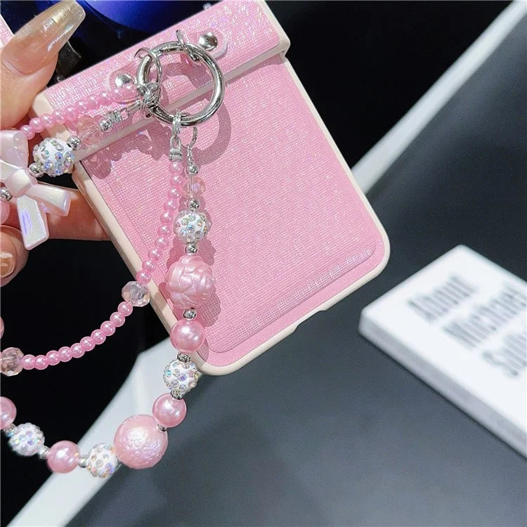 For Samsung Galaxy Z Flip6 5G Case Hinge Protection Leather+PC Phone Cover with Beaded Strap